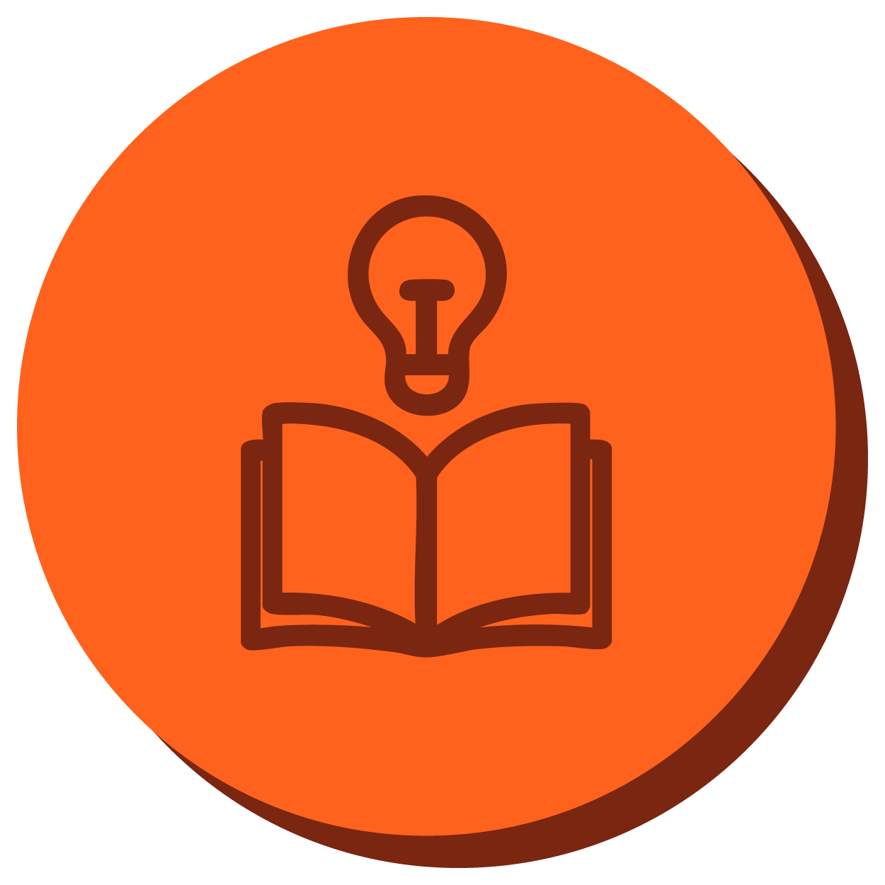 Ícone de um livro aberto com uma lâmpada acima, em um círculo laranja vibrante representando conhecimento e confiança.