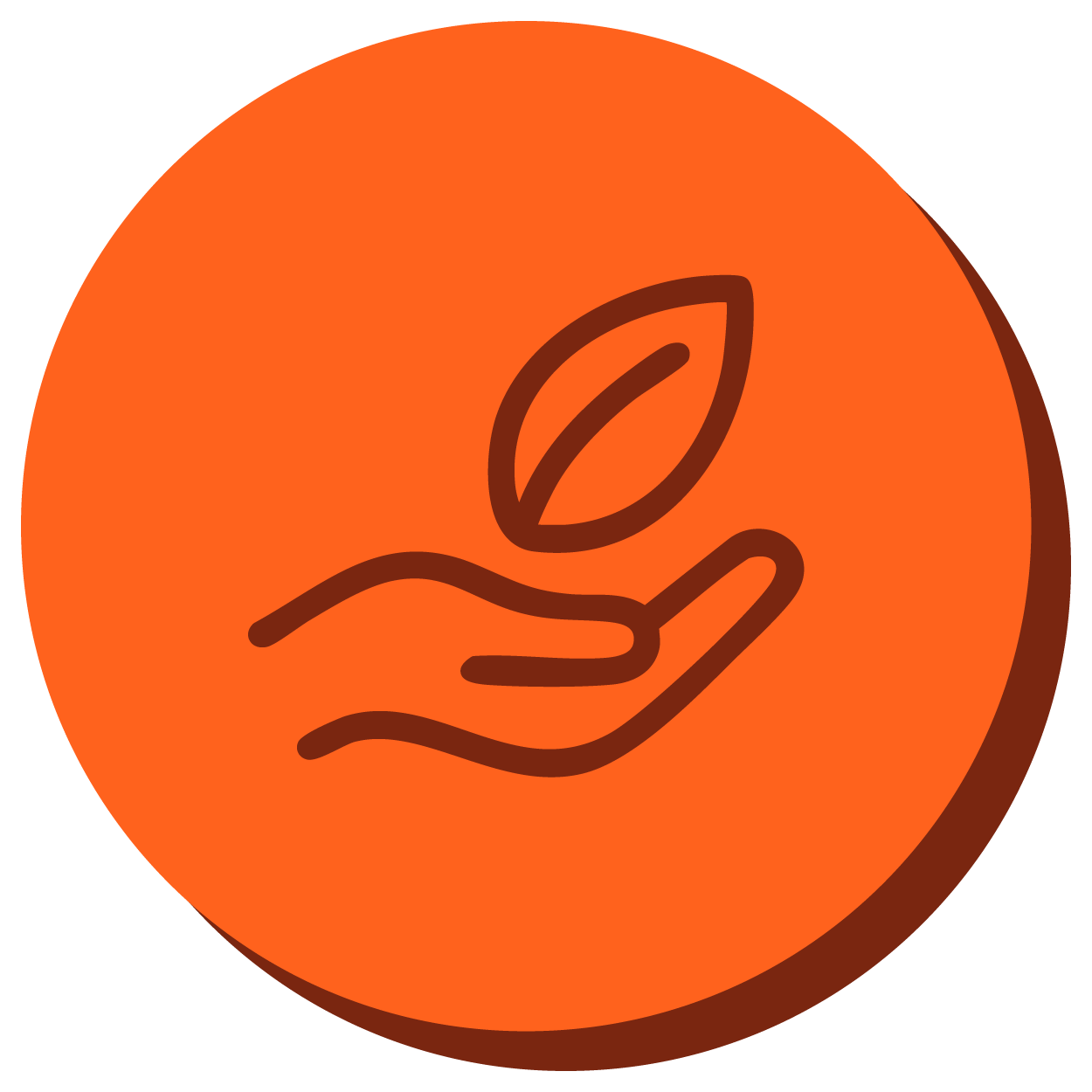 Ícone de uma folha em cima de uma mão aberta, em um círculo laranja vibrante representando cuidado, ética e sustentabilidade.