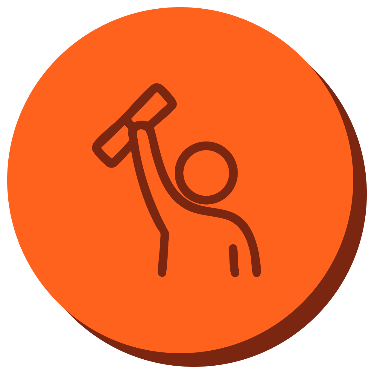 Ícone de uma pessoa erguendo um diploma, em um círculo laranja vibrante representando crescimento e conquistas.