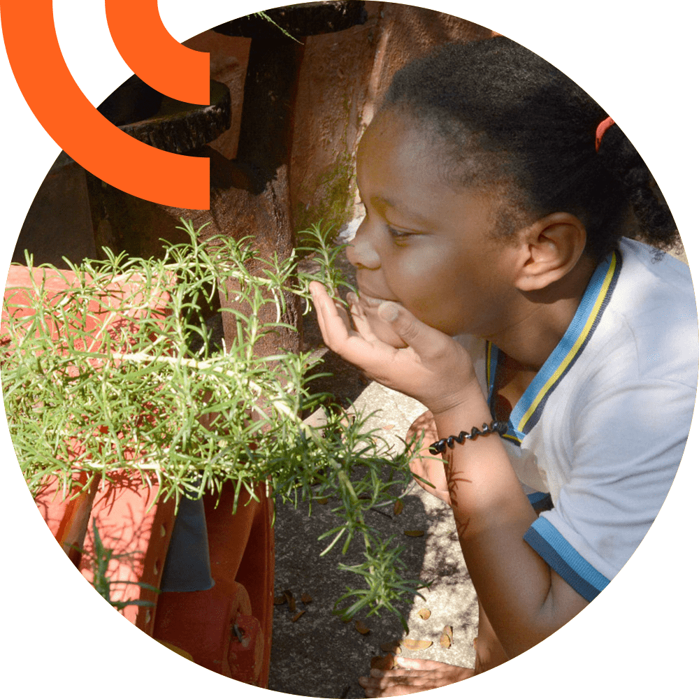 Jovem garota negra apreciando o aroma de uma planta em ação do projeto Crianças Mais Saudáveis, realizado em parceria com o Crescer.