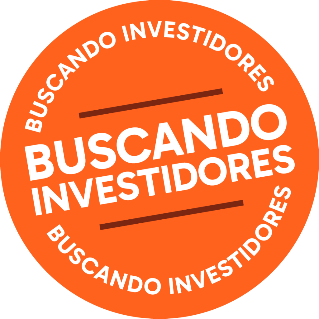 Selo laranja escrito "Buscando Investidores" em branco.